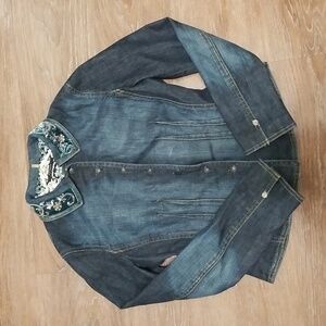 (S) Elie Tahari Denim Jacket Velvet Embroidered Collar Paisley Silk Line Fancy